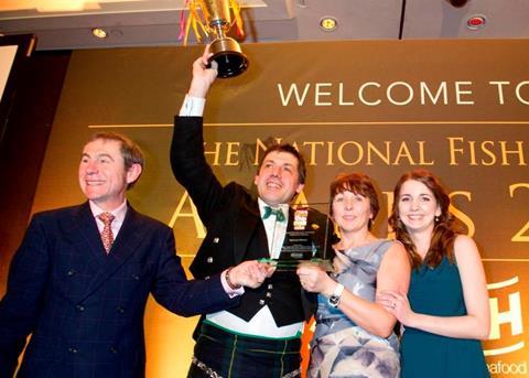Awards host BBC Radio 2’s Nigel Barden crowning Frankie’s Fish & Chips the UK’s best fish and chip shop. L-R: Nigel Barden, Frankie’s manager John Gold, owner Valerie Johnson, and colleague Carlyn Johnston