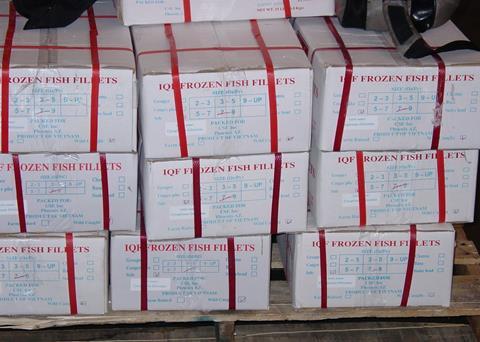 Boxes of frozen fillets of catfish of the genus Pangasius that were imported into the United States from Vietnam falsely labelled as sole to avoid anti-dumping duties. These were seized upon entry into the United States, some by NOAA Office of L...