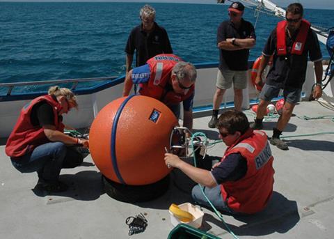 SAIMOS researchers deploying an ocean mooring which includes an Acoustic Doplar Current Profiler. This measures pressure, oxygen, turbidity (water cloudiness), fluorescence (chlorophyll concentration) and PAR (the amount of biologically importan...