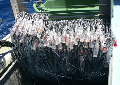Hookpods in racks on board a longlining vessel. Credit: Hookpod Ltd