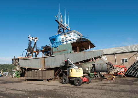 FV Seeker with the starboard sponson in place and the bulbous bow being installed. Credit: Haig-Brown photo