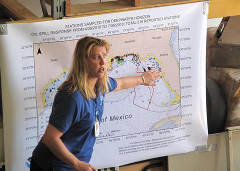 NOAA has been testing seafood in the Gulf of Mexico since late April 2010. This photo, taken in the summer of 2010, shows Dr Lisa Desfosse, Director of NOAA's Southeast Fisheries Science Center Mississippi Laboratories, explaining where and how ...