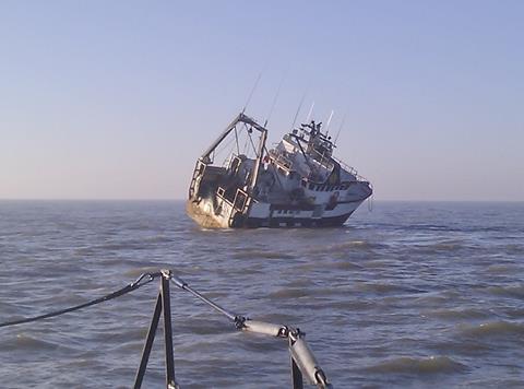 The Belgian trawler Marreje Aaltje aground on the Kentish Knock sands off Margate. Photo taken from the Margate RNLI lifeboat, credit: RNLI Margate