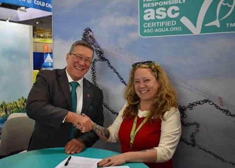 Chris Ninnes and Julie Kuchepatov signing the MOU at this year's Seafood Expo North America in Boston Photo: ASC