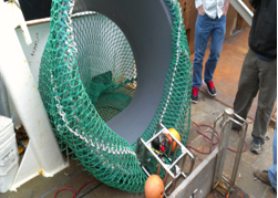 Image of the modified net and video camera taken aboard  F/V Justice prior to the survey's departure. Photo courtesy of SMAST