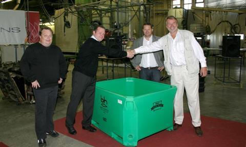 Magnús Kristinsson, a shipowner and owner of Bergur-Huginn in Westman Islands, receives the 500,001st tub handed over by Daði Valdimarsson, MD of Promens Dalvik, along with Hilmar Guðmundsson, sales and marketing manager, and Sævaldur Gunnarsson...