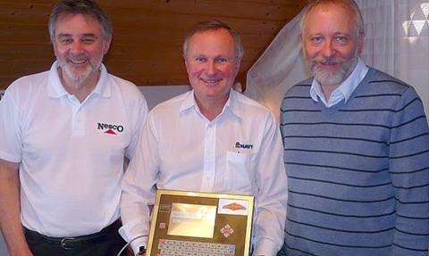 (Left to right) Gordon Norman technical sales director Nesco Weighing Ltd UK, Per Andresen chief executive Navy Group Norway and John-Sigurd Solberg Ocean Electronics Norway after the agreement was signed together with a Wavecheetah II touch scr...