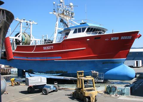 The Miss Berdie as she arrived in the Wahl yard at Reedsport Oregon. Photo courtesy of Fred Wahl Shipyard