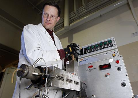 Kurt Rosentrater uses corn and soy to produce fish food used at SeaWorld in San Diego. Photo by Christopher Gannon