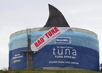 Greenpeace dressed the Three Kings water reservoir to look like a Sealord tuna tin