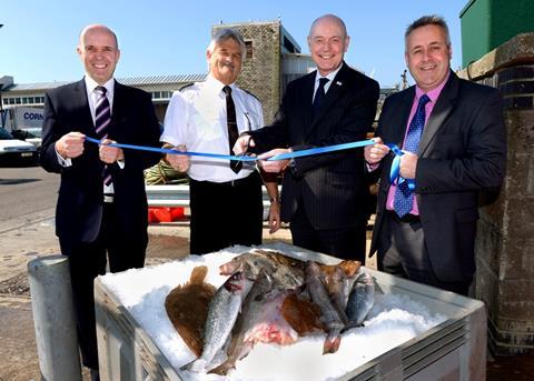 Jason Schofield, Chief Executive of Sutton Harbour Holdings plc; Pete Bromley, Manager of Plymouth Fisheries; Peter Hartland, Chief Executive of Plymouth Chamber of Commerce; Richard Stevens, Chairman of Plymouth Chamber of Commerce officially o...