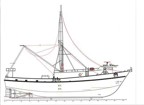 The unnamed vessel will be trawling for scrap metal. Drawing courtesy of Rodriguez Boat Builders