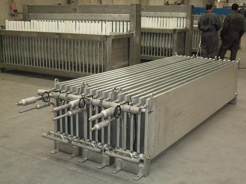 One of the heat exchangers (of the icy water plant) and vertical plate freezers supplied to a Russian vessel during production at Tucal facilities in La Coruña