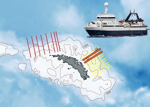 Waters around South Georgia are surveyed annually during the Austral summer by BAS at the West Core (red transects) and East Core Box (yellow transects) Photo: ARK
