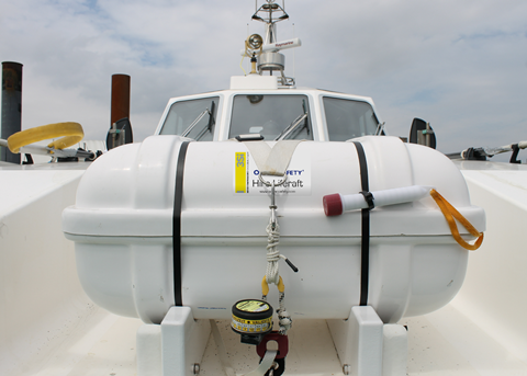An Ocean Safety hire liferaft onboard a customer vessel