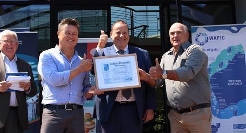 Celebrating WA’s latest MSC certified fishery are WAFIC chairman Murray Criddle, Hamish Ch’ng of Far West Scallops, Fisheries Minister Don Punch and Geoff McGowan of McBoats Seafood. Photo: WAFIC
