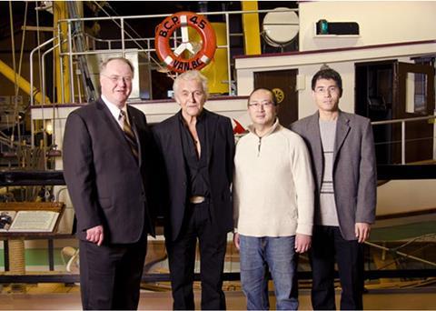 Fisheries and Oceans Minister Keith Ashfield with representatives for the projects receiving federal funding – Chief Bill Cranmer of the 'Namgis First Nation; Brian Yip of Fanny Bay Oysters and Simon Yuan of Maplestar Seafood Ltd