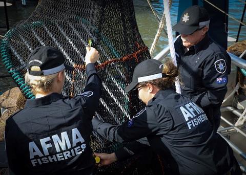 Fisheries officers inspect a turtle excluder device Photo: AFMA
