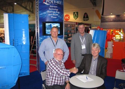 Thyborøn Trawldoor sales manager Jan Bundgaard shakes hands with Hampidjan group manager Jon Gudmann in September on signing the letter of intent. Standing from left: Allan Pedersen from Thyborøn Trawldoor and Haraldur Árnson of the Hampidjan Group