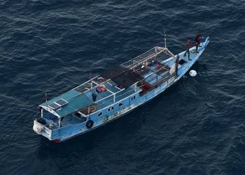 The suspected illegal fishing vessel, apprehended by MBC and AFMA Photo: AFMA