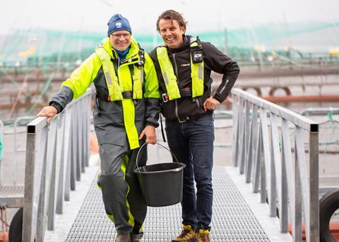 Jan Ivar Bildøy, Blom Fiskeoppdrett pictured with Oystein Larsen, aqua division manager, Alltech Norway Photo: Alltech Norway
