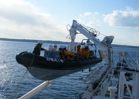 Japanese Fisheries patrol vessel being launched using the all-weather Caley davit