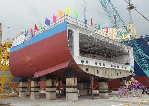 The ship is being built in blocks, which are then transported to this berth and welded together. Credit: CSIRO