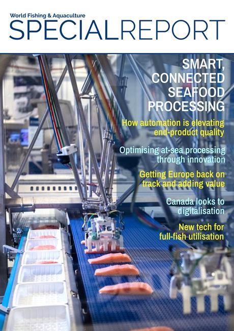 World Fishing Special Report April 2023 - Smart, connected seafood processing - a conveyor belt carrying sliced fish meat, with multiple robotic arms placing them into white plastic containers